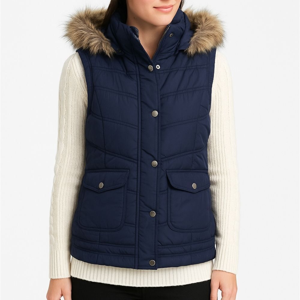 Mossimo Supply Co Navy Puffer Vest Faux Fur Hood Women’s L